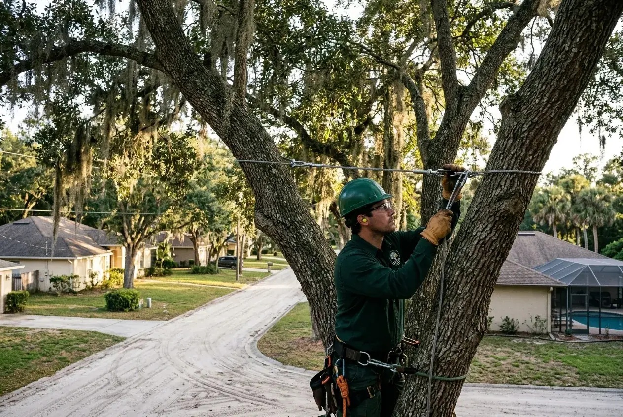 Windermere tree cabling on a wide live oak shading an unpaved sand street with Spanish moss overhead