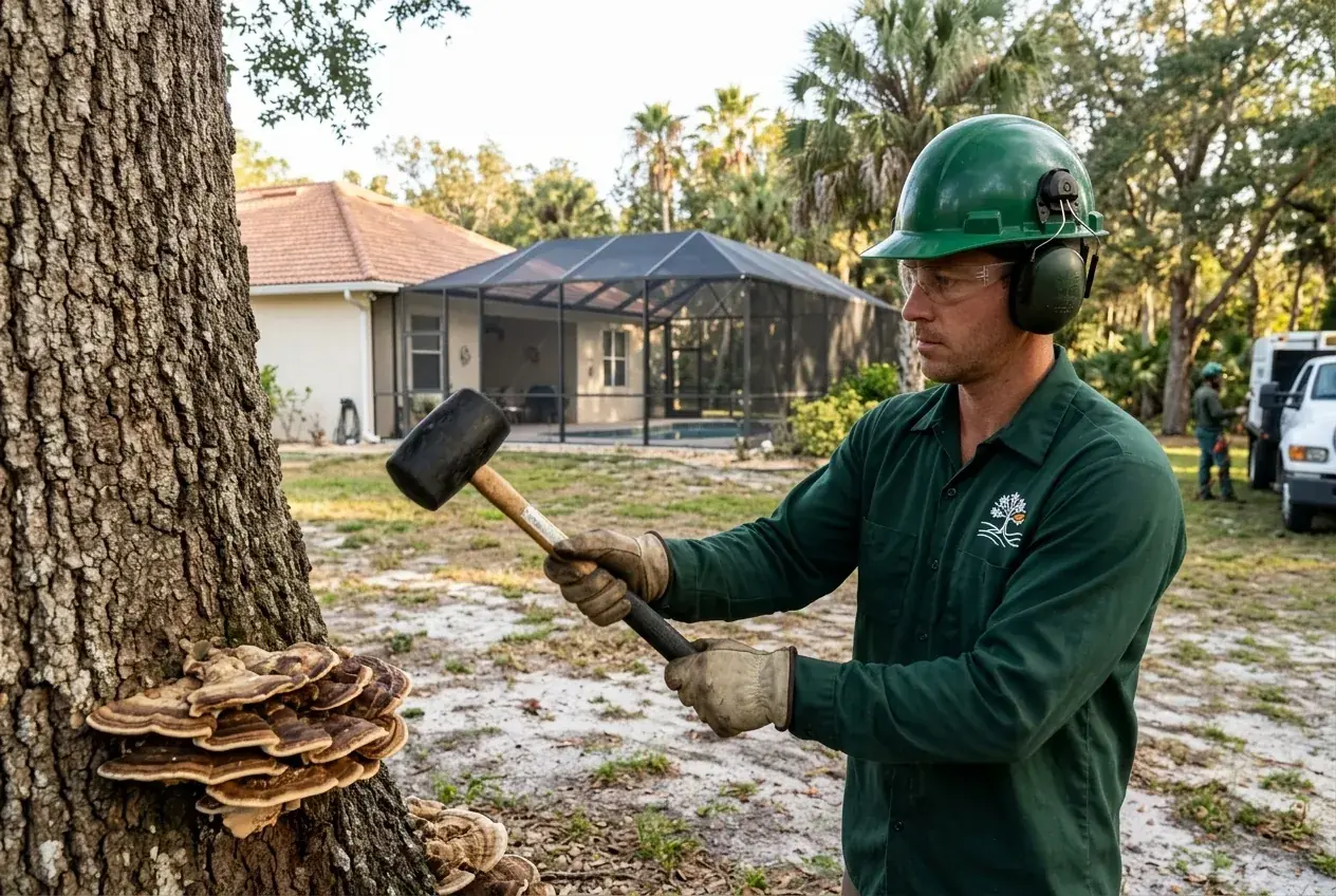 Arborist sounding the trunk of a laurel oak for hidden decay before quoting a removal in Clermont