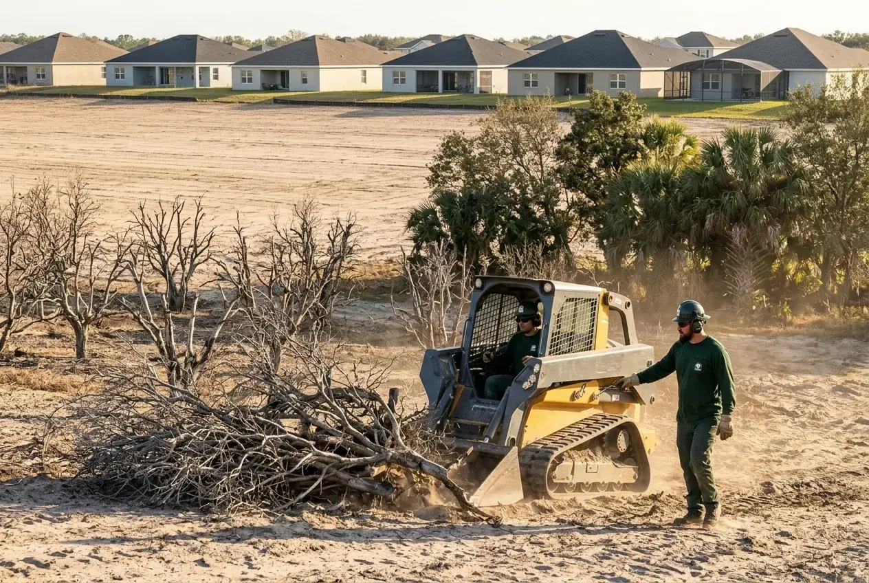 Horizon West lot clearing crew removing dead citrus trees on a sandy former grove parcel