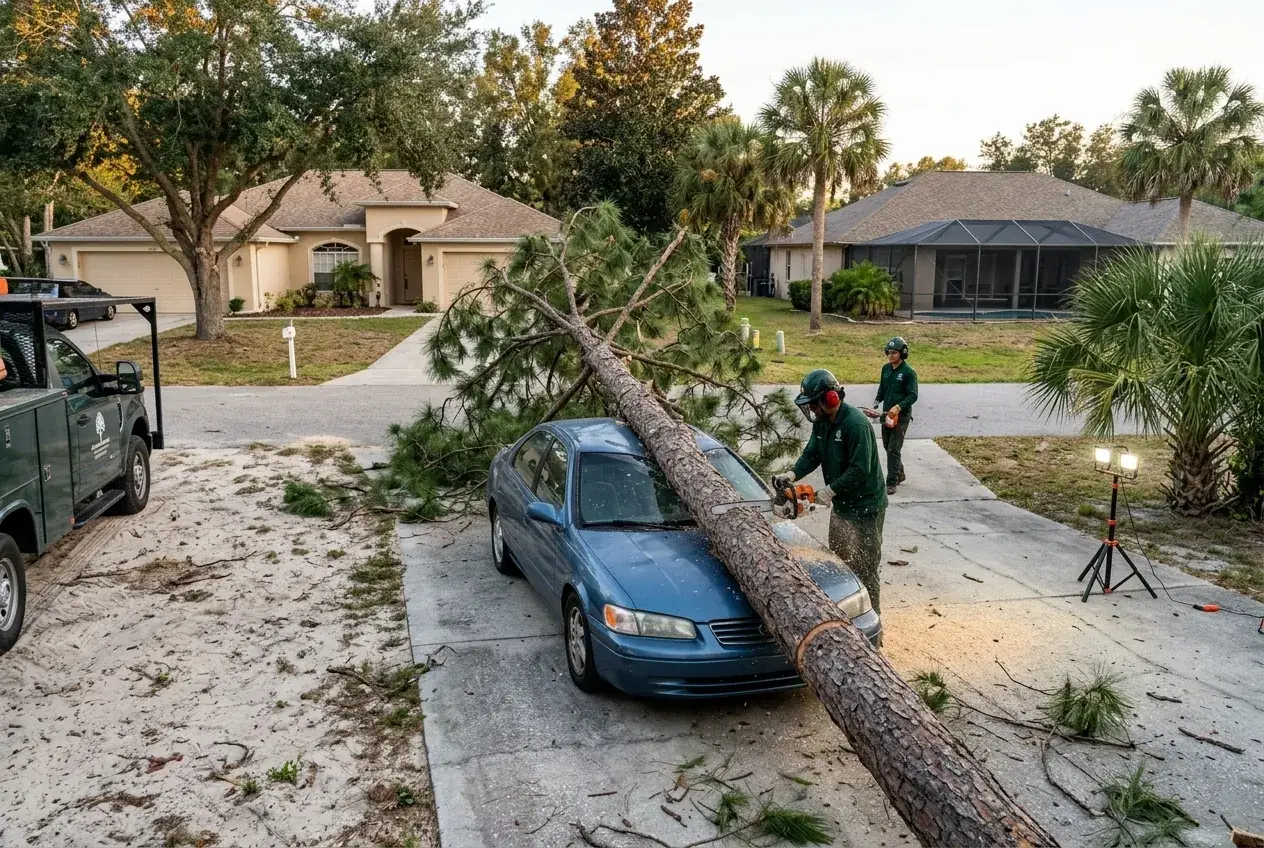 Clermont emergency tree service crew cutting a fallen pine off a car parked in a driveway