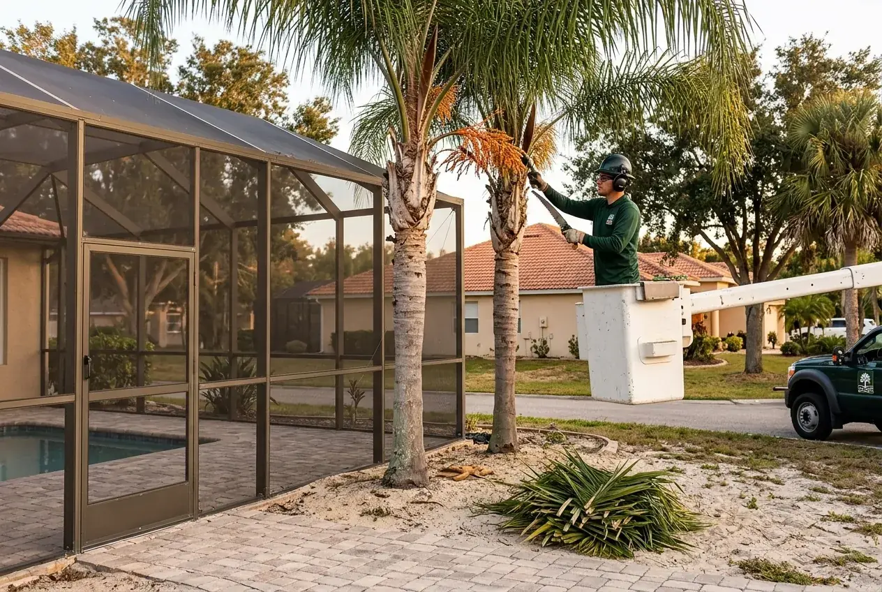 Clermont palm trimming crew cutting seed stalks from queen palms next to a pool deck and screen enclosure