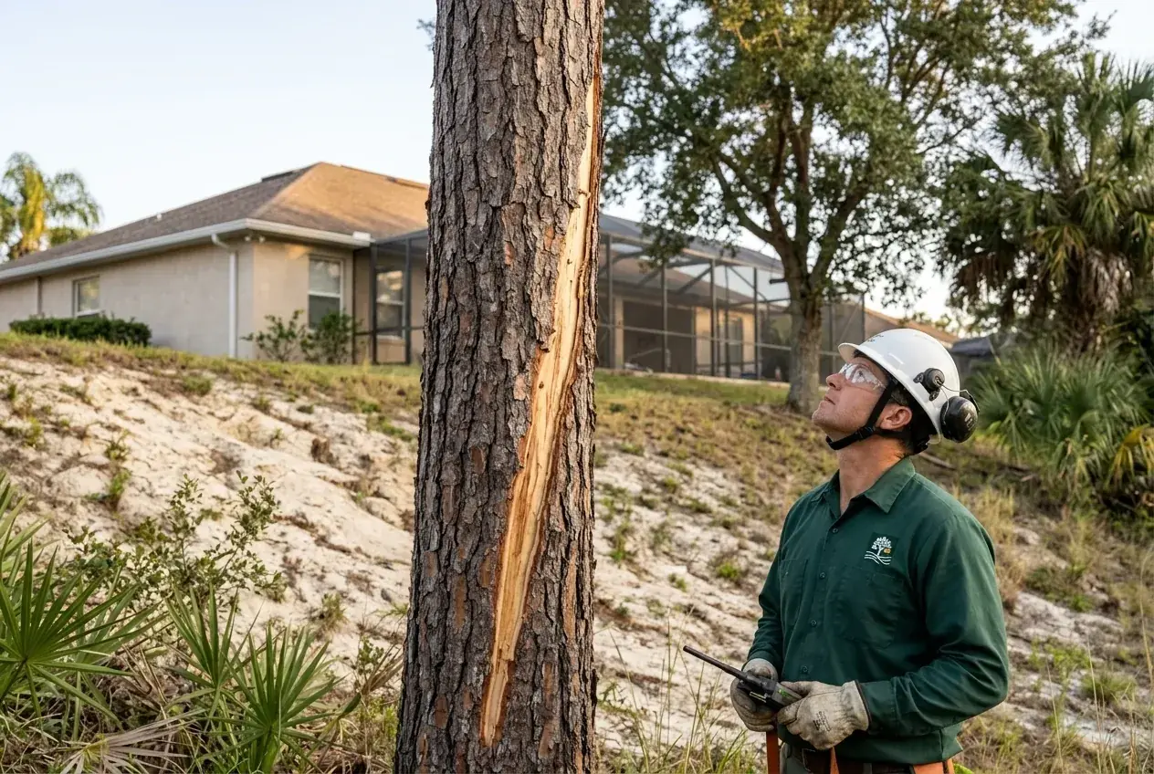 Clermont pine removal assessment showing a spiral lightning scar running down a longleaf pine trunk