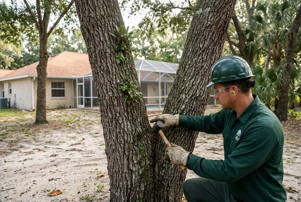 Clermont tree bracing crew member inspecting the V-shaped union of a two-trunk oak before installing a rod