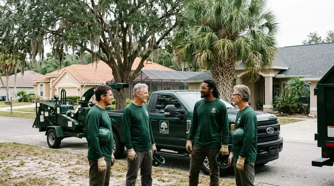 Clermont Tree Service crew standing beside a chip truck and chipper on a residential street