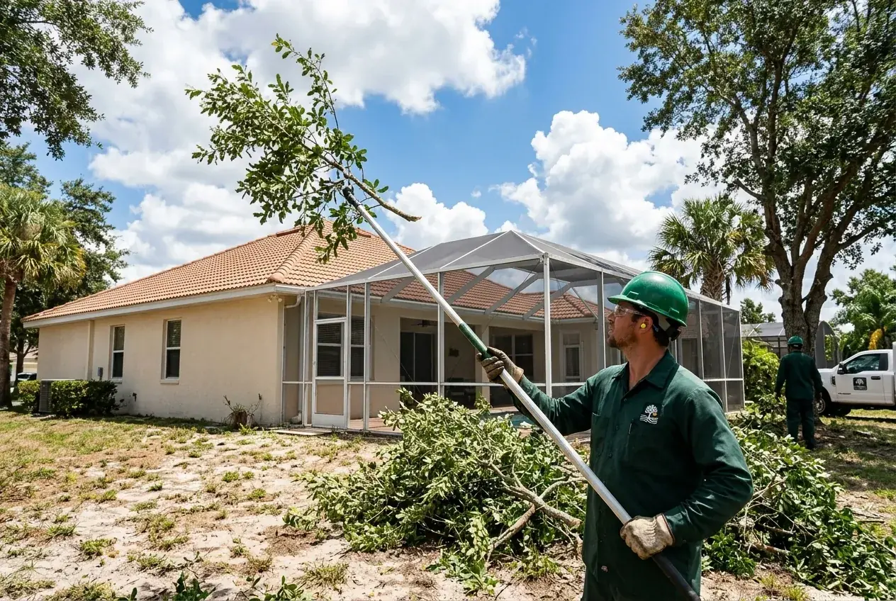 Clermont tree pruning crew clearing laurel oak branches back from a tile roof and screened lanai