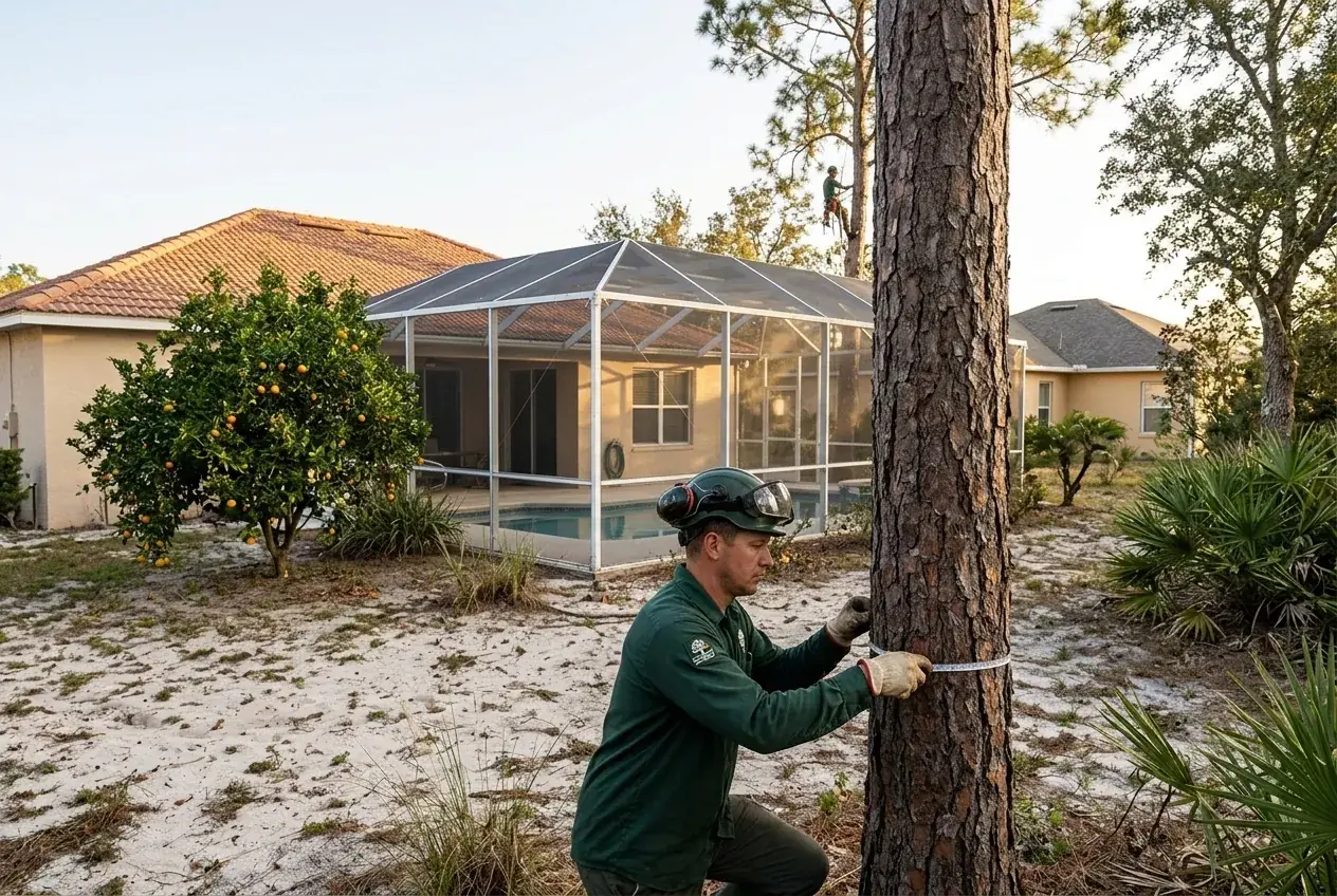 Clermont tree removal estimate in progress, with a crew member measuring a pine near a screened pool cage