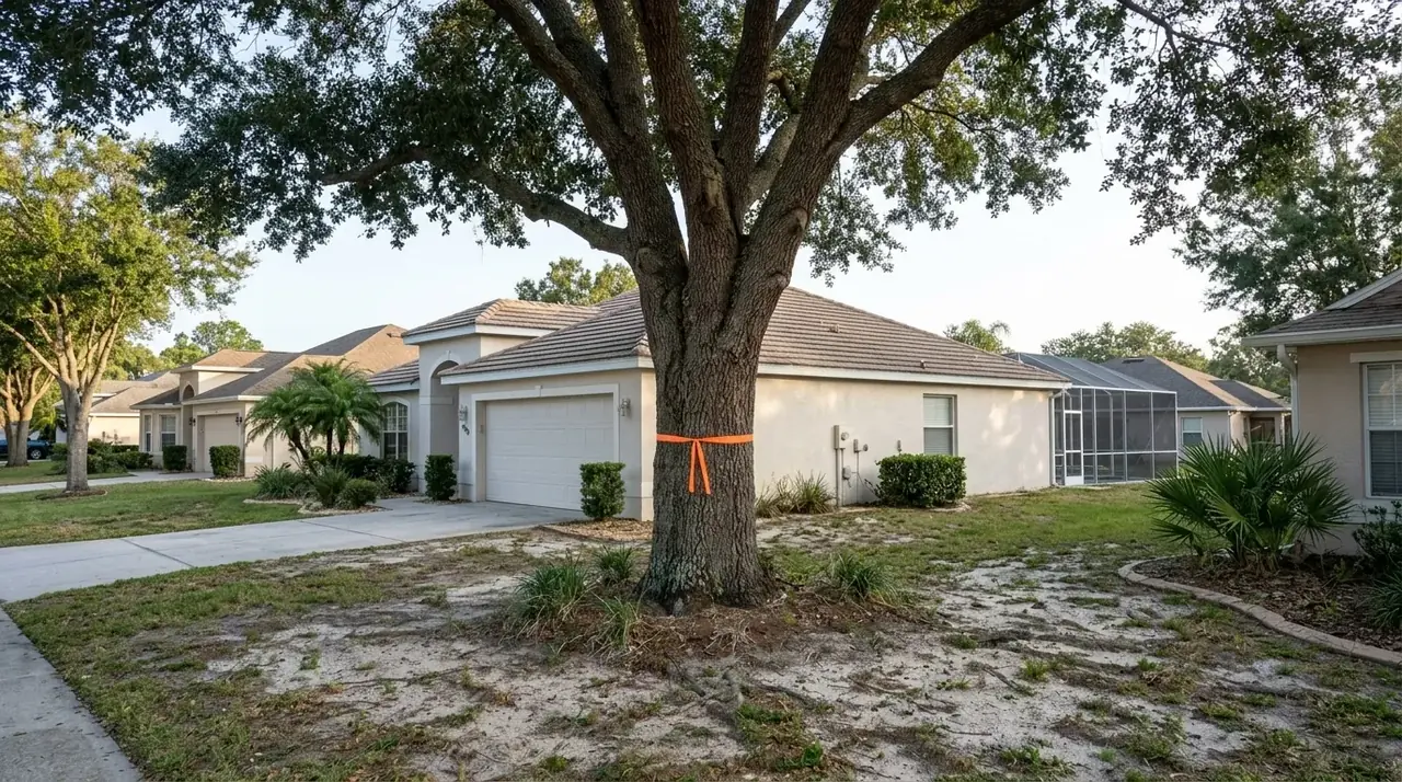 Clermont tree removal permit process, with a large oak in a front yard marked with orange tape for city inspection