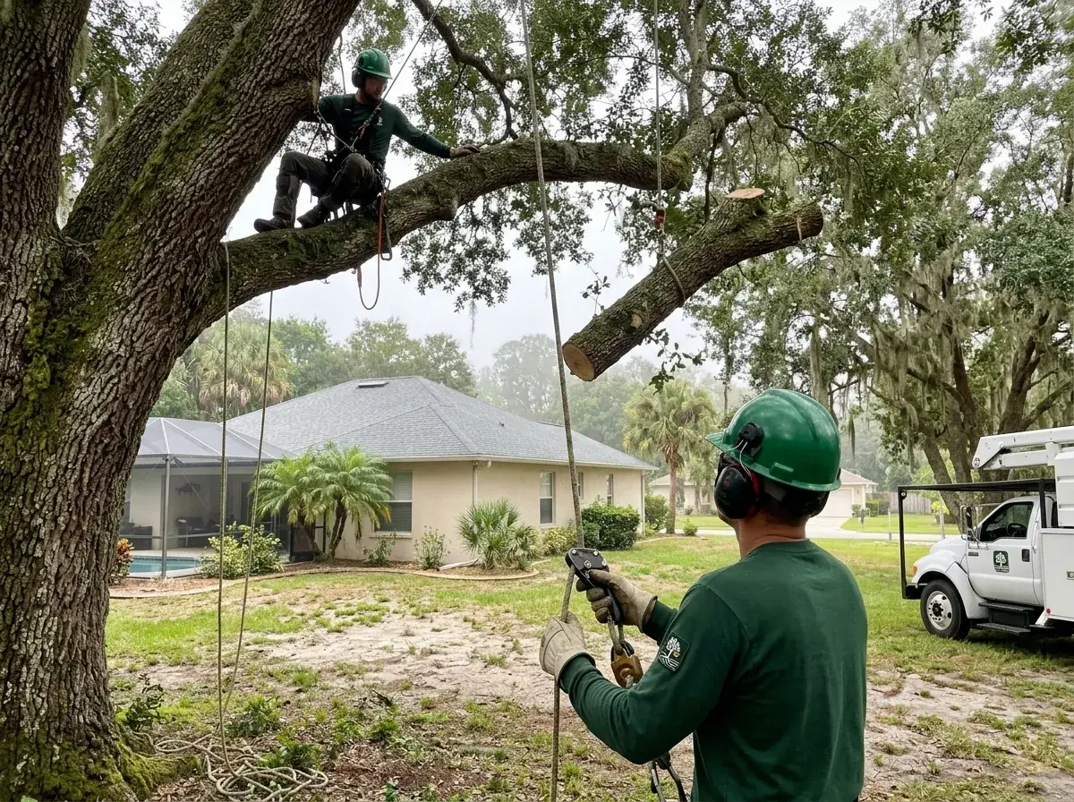 Climbing arborist lowering a cut limb on a rope during a controlled tree removal in Clermont