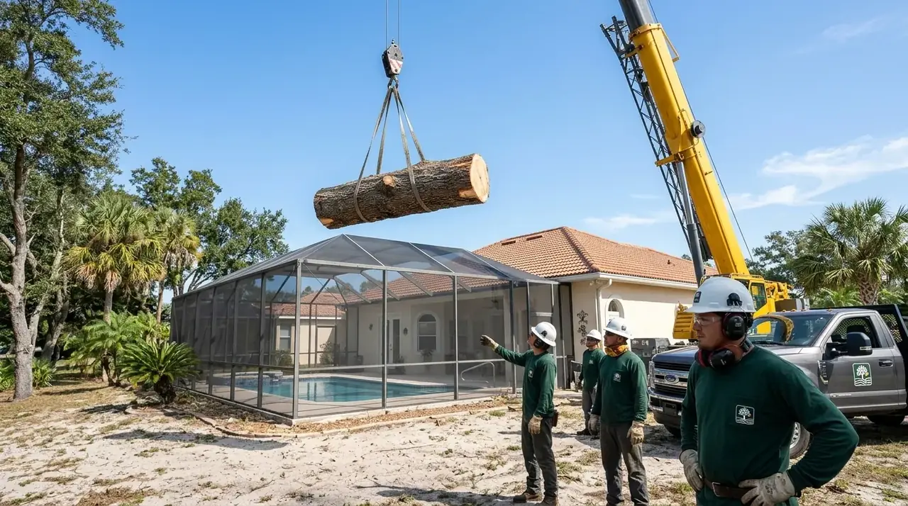 Crane lifting a cut oak section over a screened pool enclosure at a Clermont home