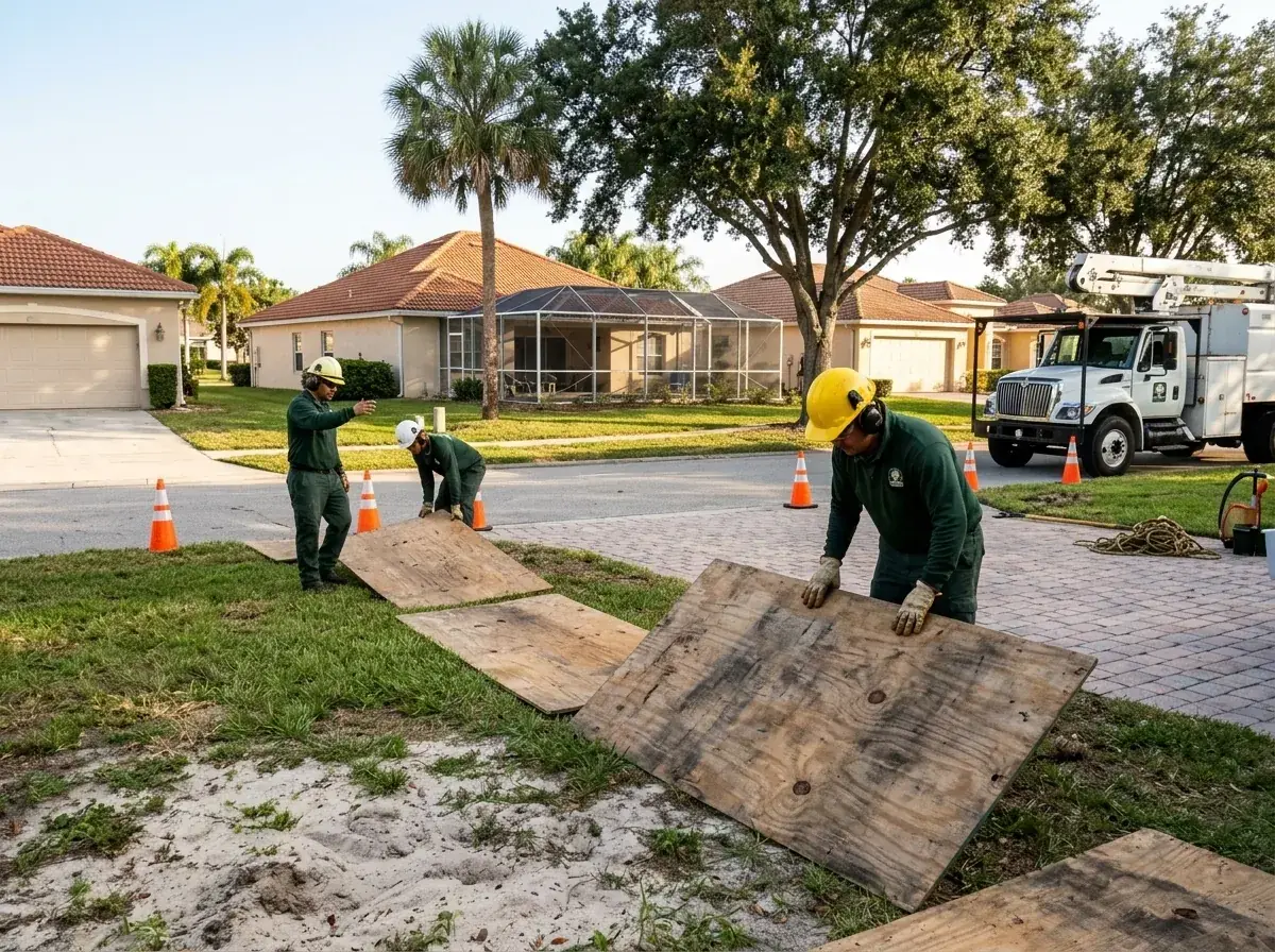 Tree crew laying plywood mats across a lawn and driveway before a removal in Clermont