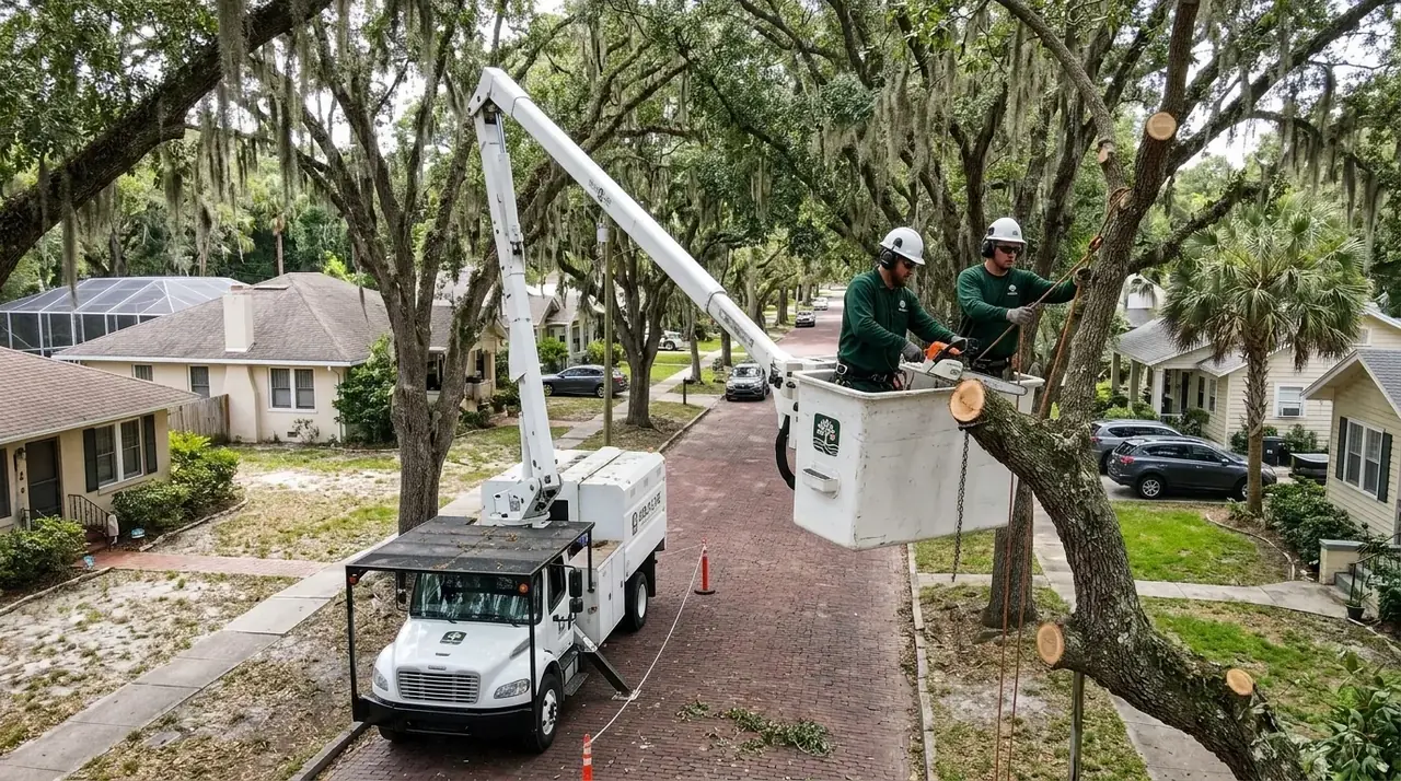 Winter Garden tree trimming crew pruning a live oak limb over a brick side street near Plant Street