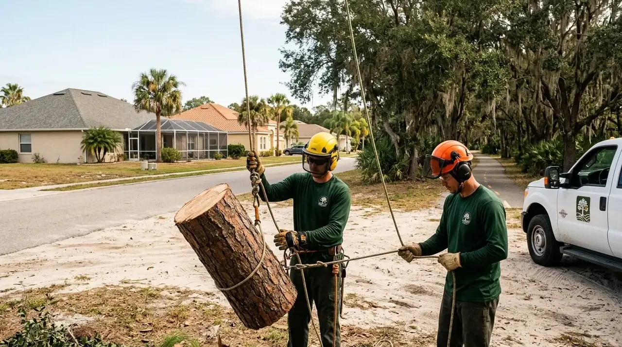 Oakland FL pine tree removal crew lowering a slash pine section beside a residential street near the West Orange Trail