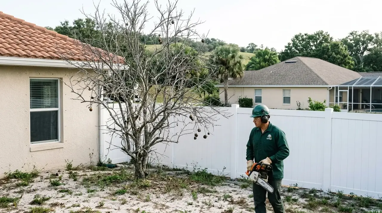 Dead citrus tree removal in a Lake County backyard, a bare orange tree with gray branches beside a fence