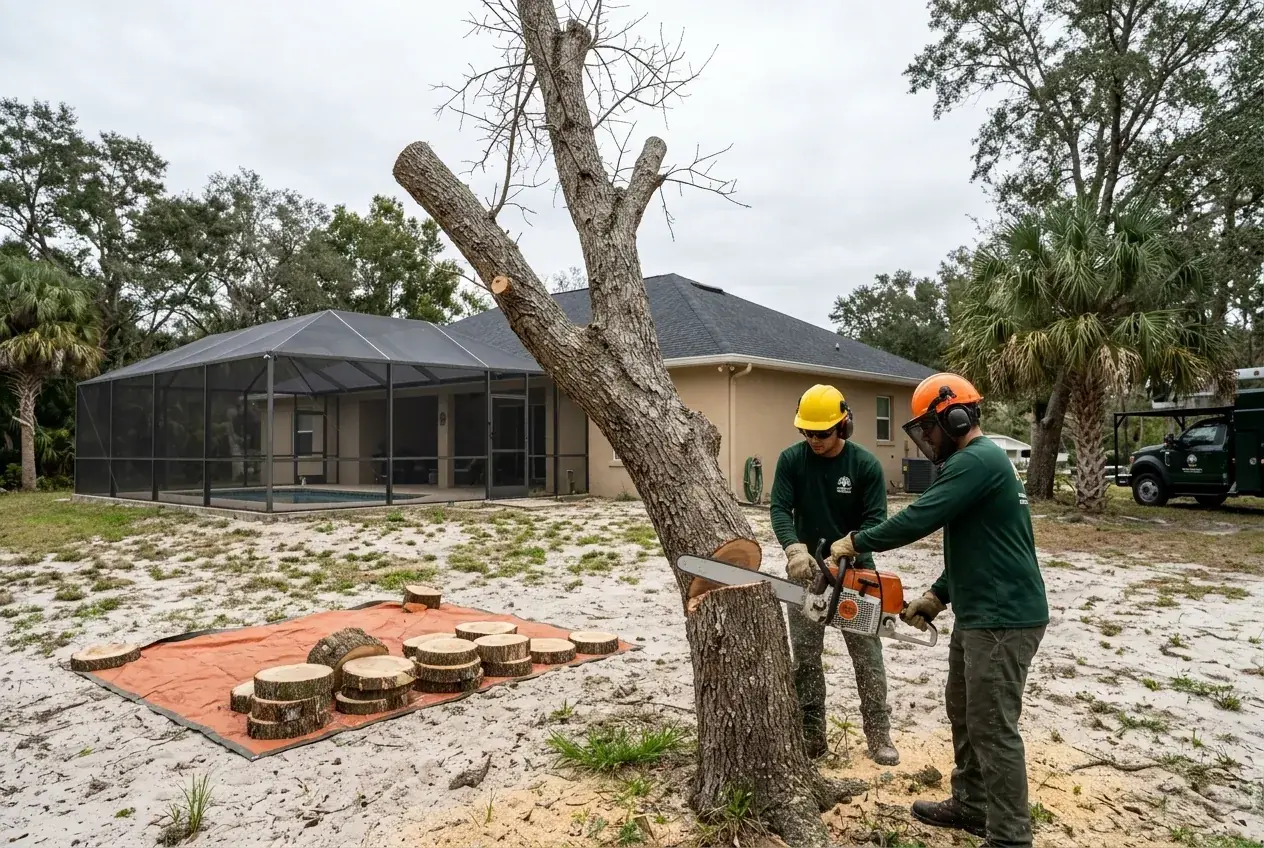 Ocoee tree removal of a dead laurel oak beside a stucco home and screened pool in a west Orange subdivision