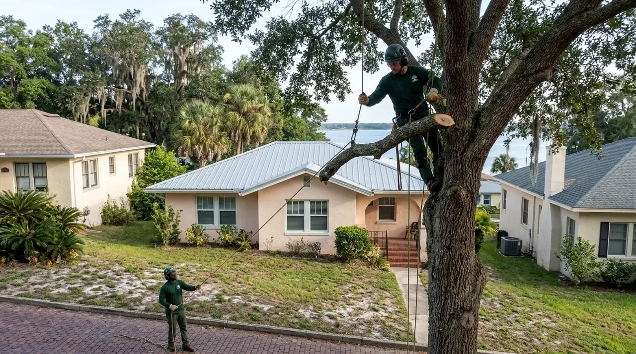 Downtown Clermont tree removal crew rigging a laurel oak limb over a bungalow roof a few blocks from Lake Minneola