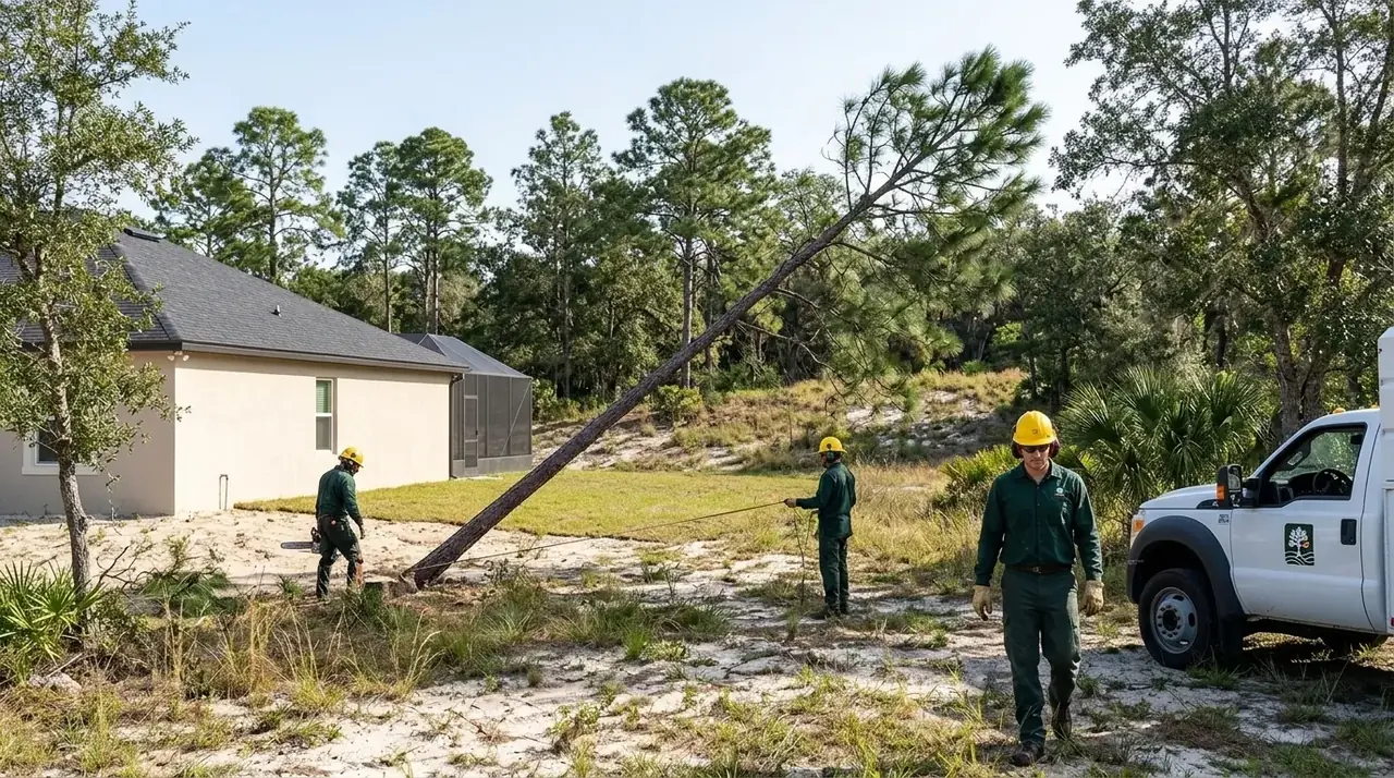 Groveland pine tree removal crew felling a tall longleaf pine away from a new home on sandy ground