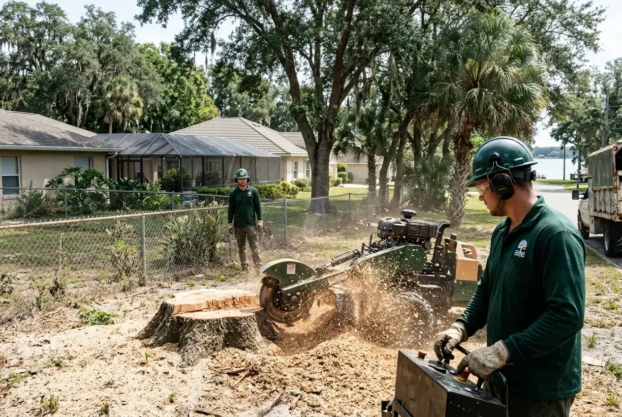 Stump grinding in Groveland, FL in a backyard a few blocks from Lake David