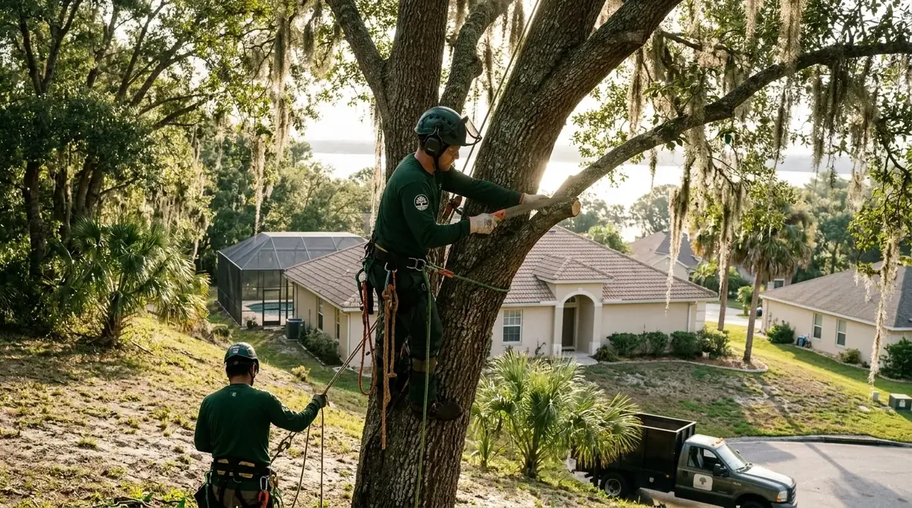 Howey-in-the-Hills tree trimming on a large live oak near Little Lake Harris