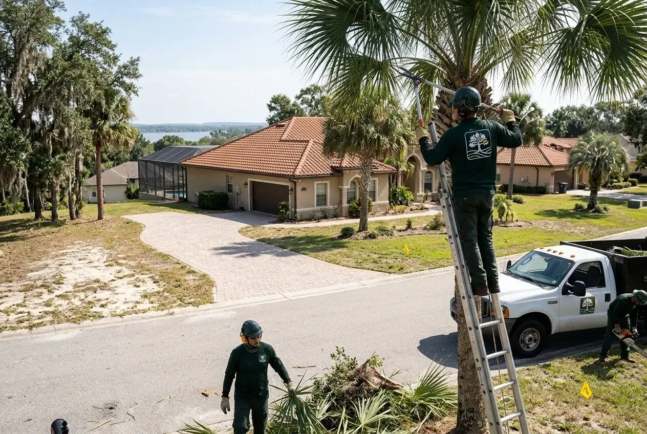 Palm tree trimming in Howey-in-the-Hills, FL on sabal palms in front of a Mediterranean-style home