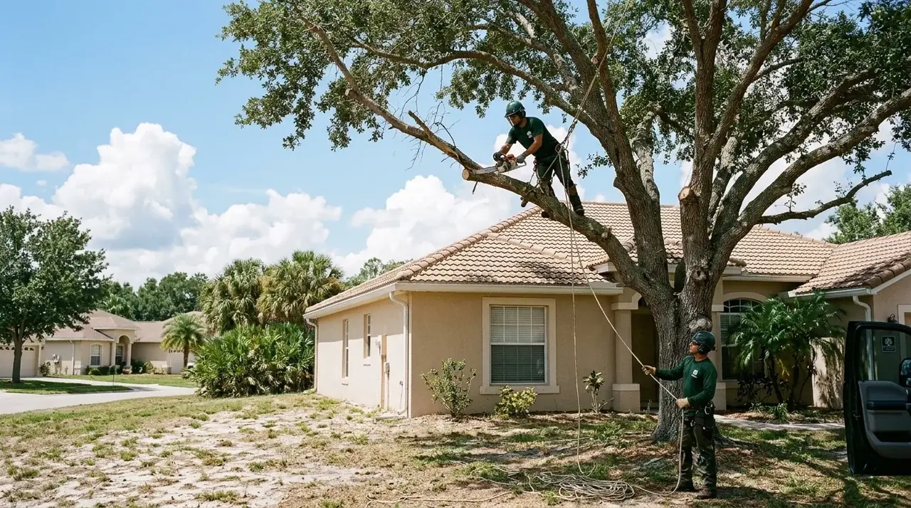 Hurricane tree prep in Lake County, a crew pruning deadwood from a live oak over a stucco home before storm season
