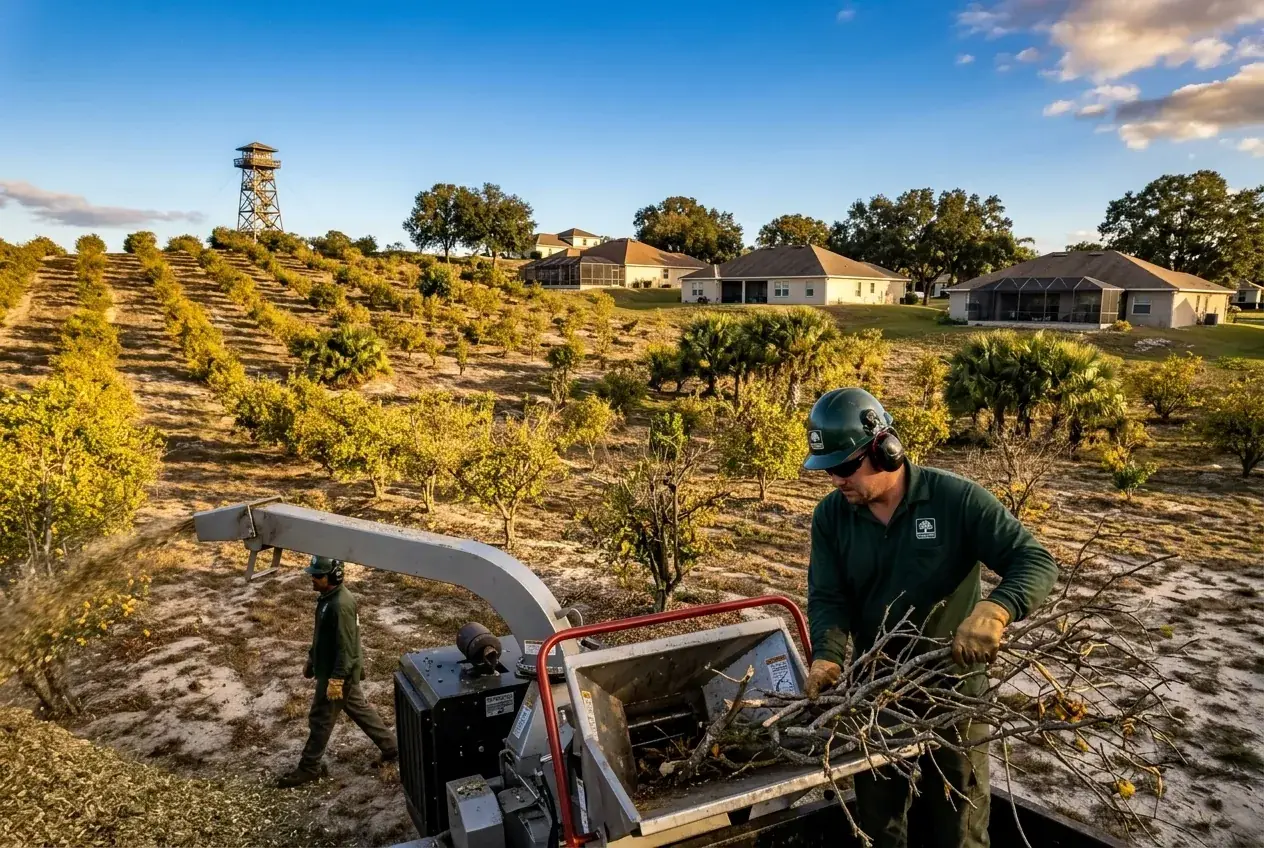 Lake County citrus grove removal, chipping rows of greening-damaged trees on rolling sandy land