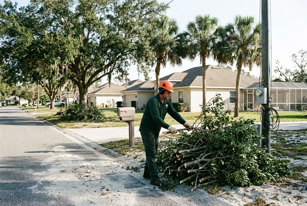 Lake County storm cleanup crew stacking cut limbs in a separate curbside pile away from a mailbox