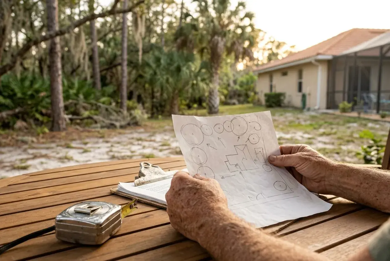 Lake County tree permit paperwork, a homeowner reviewing a hand-drawn site sketch of yard trees at a patio table