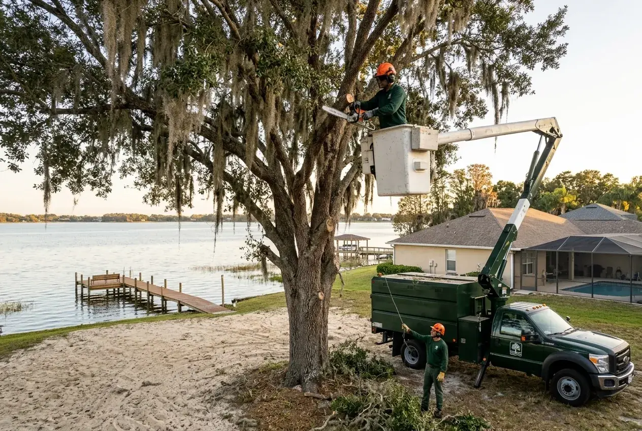 Lake Minneola tree trimming on a lakefront live oak in Clermont, FL with the water behind the yard