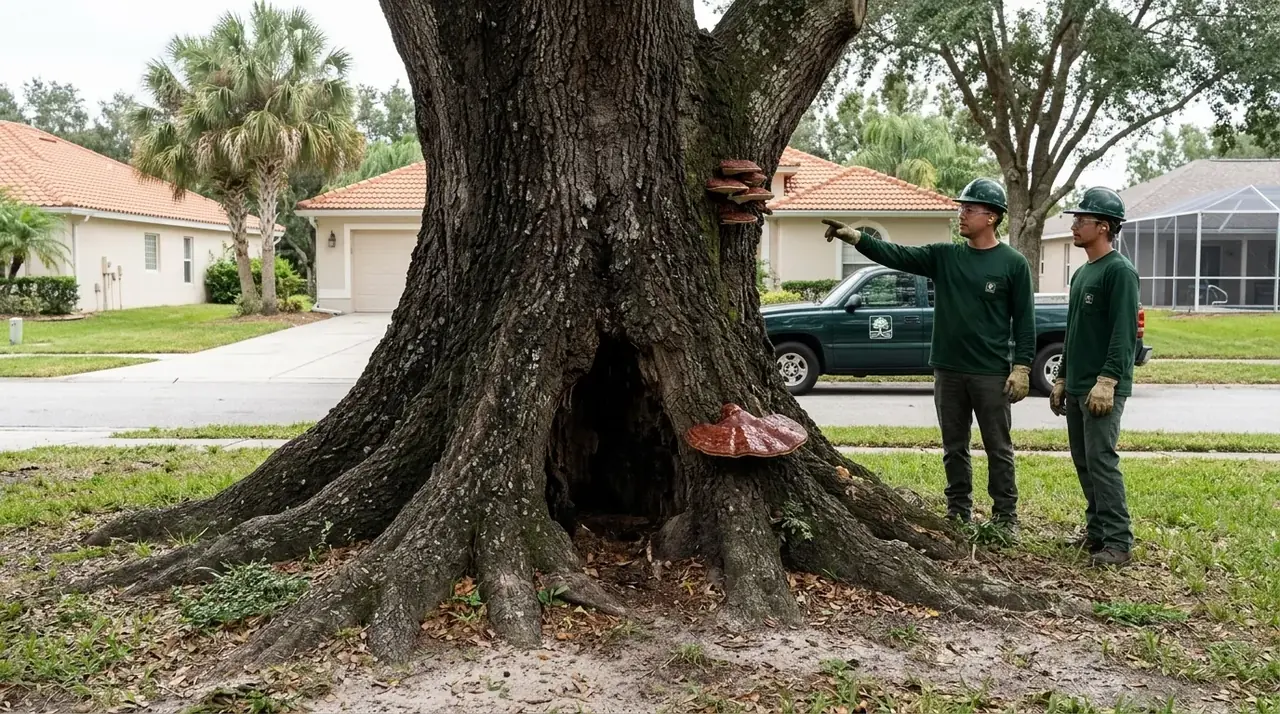 Laurel oak decay in Clermont, FL, showing a hollow cavity at the base of a large oak trunk in a residential yard
