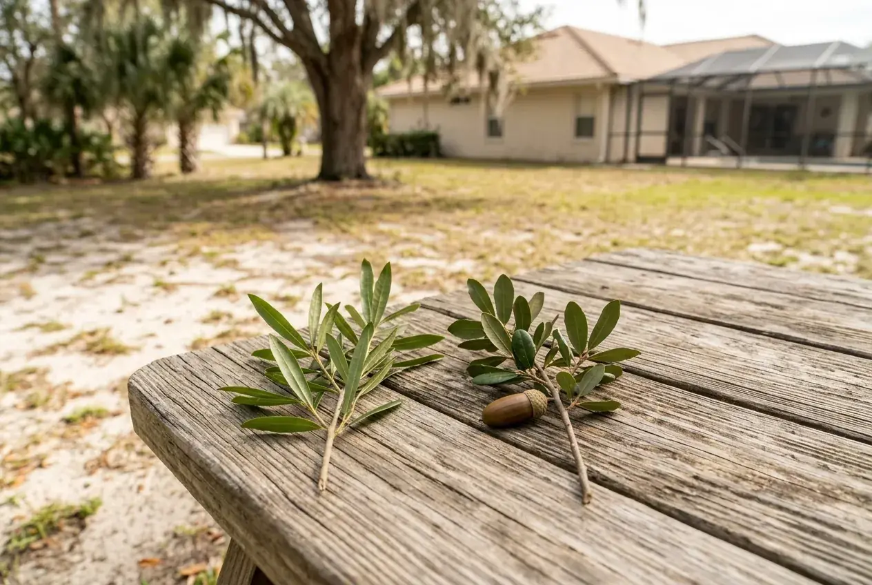 Laurel oak vs live oak in Central Florida, two leaf sprigs side by side on a wooden table for comparison