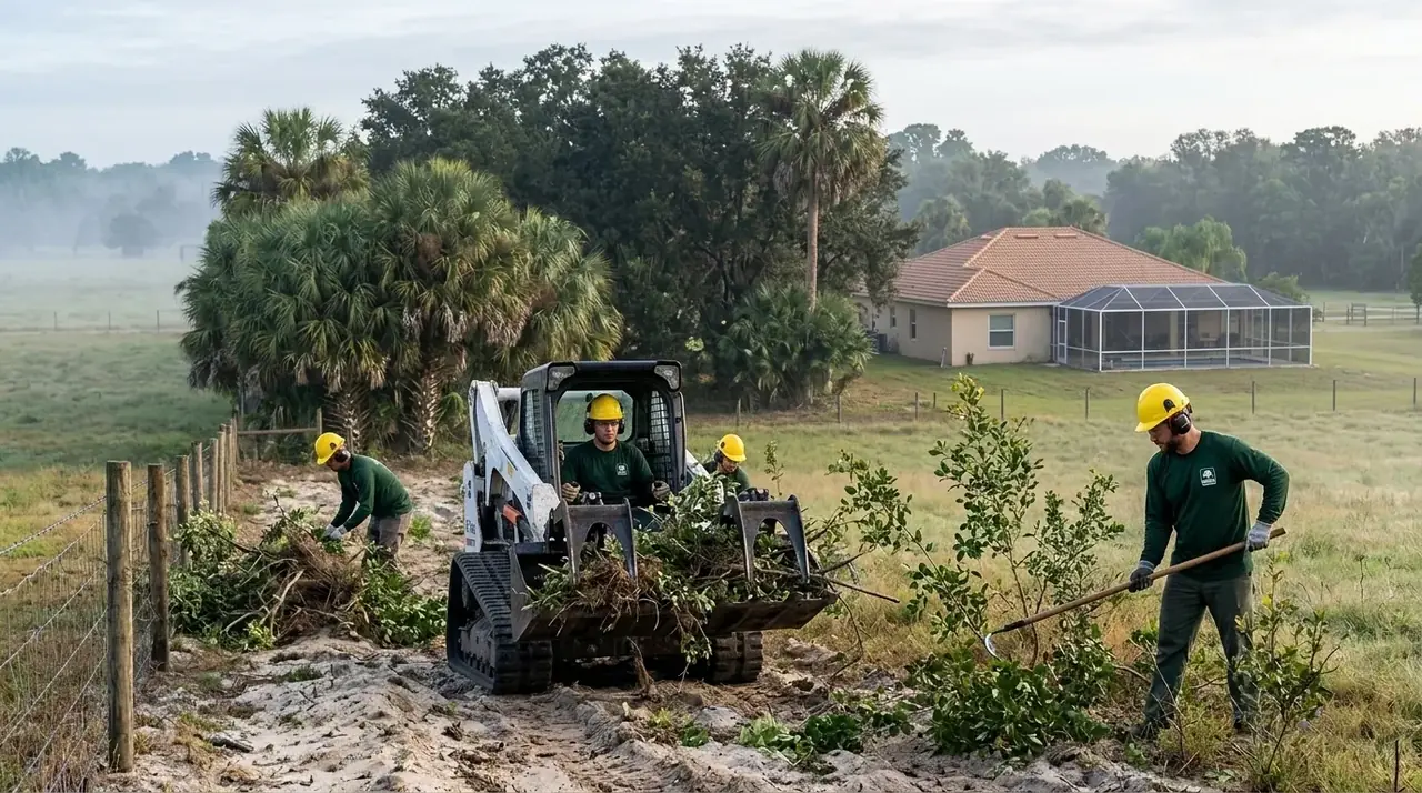Mascotte land clearing crew removing brush and small oaks at the edge of a pasture and oak hammock