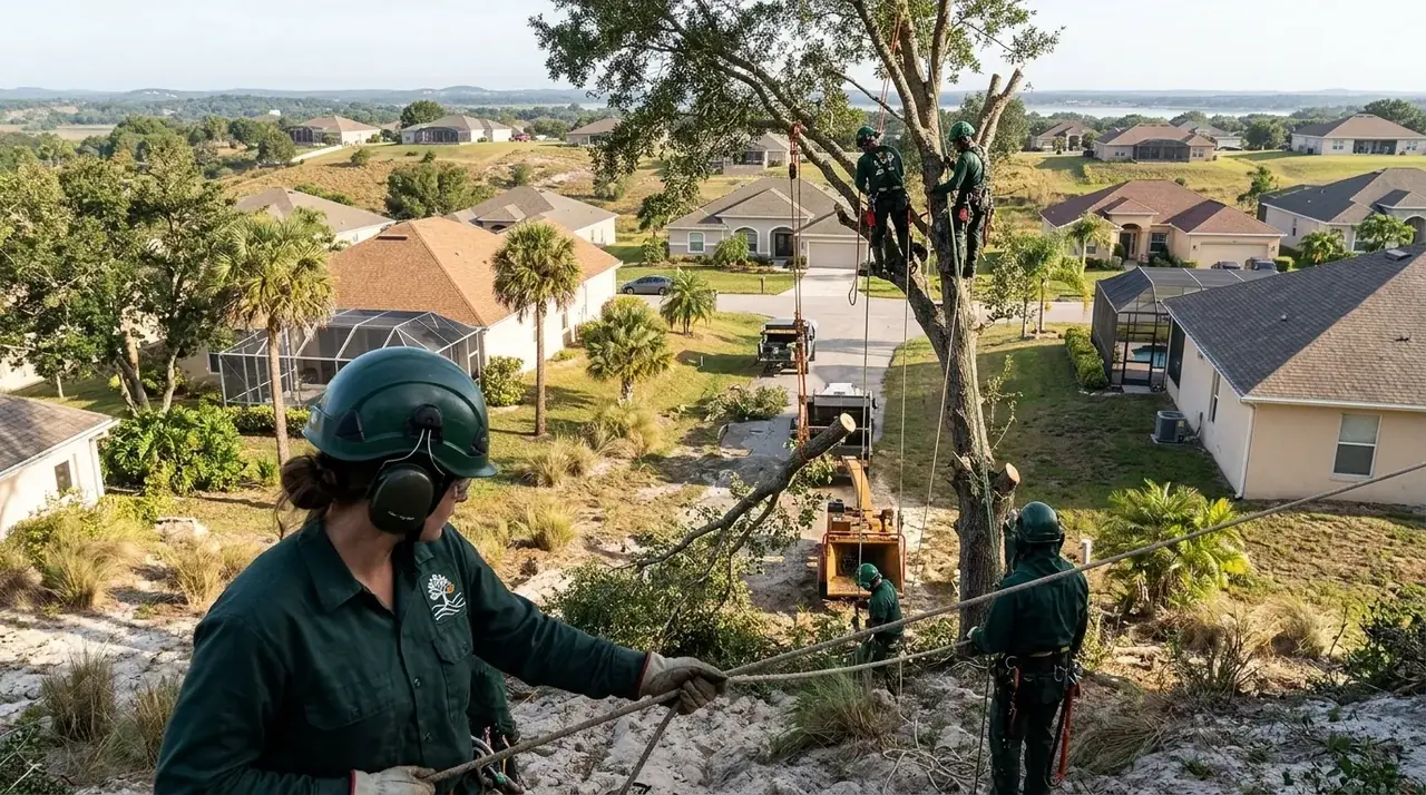 Minneola tree removal crew taking down a laurel oak on a steep hillside lot near Sugarloaf Mountain