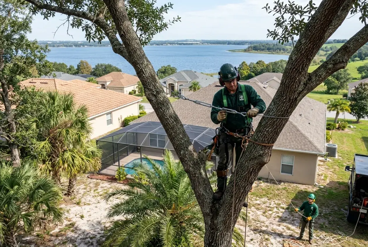 Tree cabling in Minneola, FL on a split-trunk oak with Lake Minneola visible downhill