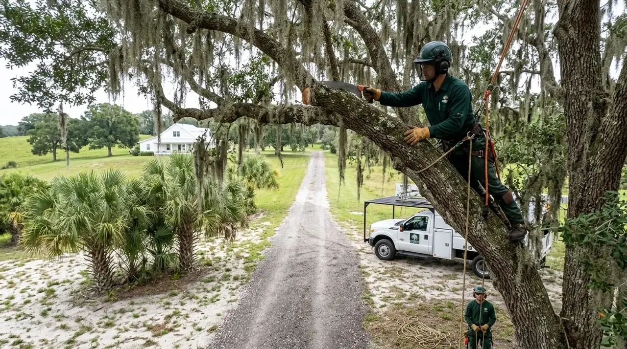Montverde tree trimming on a large live oak over a driveway along a canopy road near CR-455