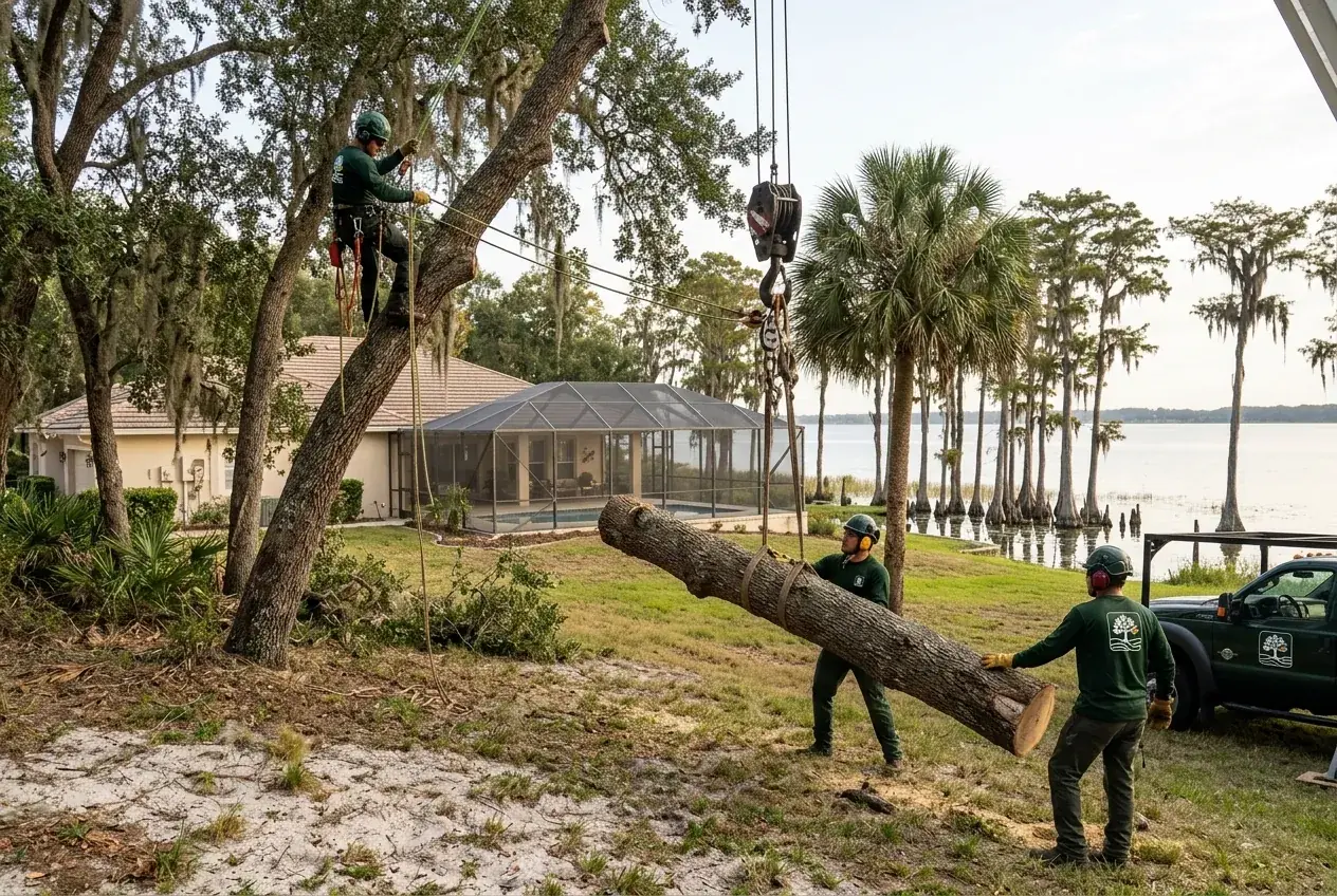 Montverde tree removal crew working on a leaning oak near the Lake Apopka shoreline