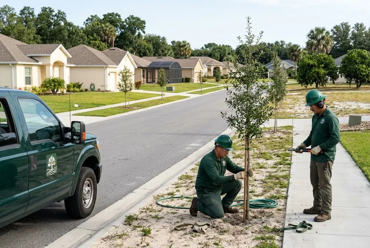 New subdivision trees in Clermont, FL, young oaks planted along a street on rolling former grove land