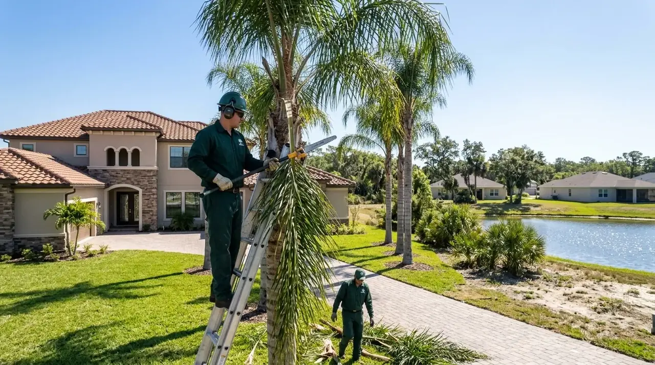Horizon West palm tree trimming on a row of queen palms beside a new two-story home in Hamlin