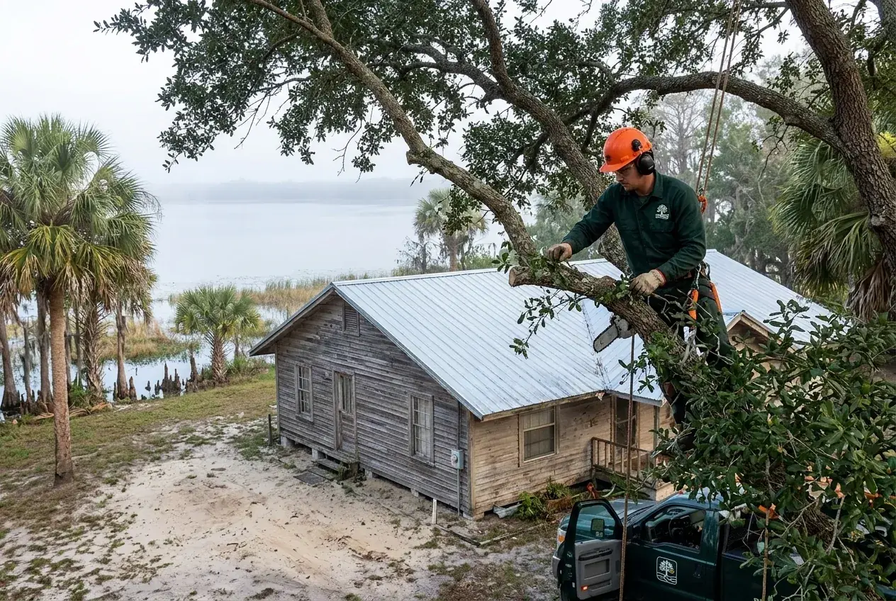 Oakland tree trimming on a spreading oak in front of an older frame home near Lake Apopka