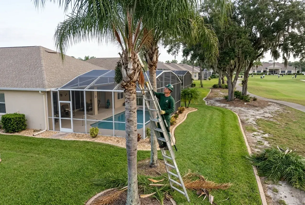 Palm tree trimming in South Clermont, FL on a row of queen palms beside a screened pool cage