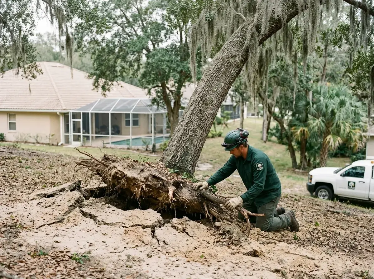 Clermont tree service crew inspecting the lifted root plate of a leaning oak on a sandy hillside lot