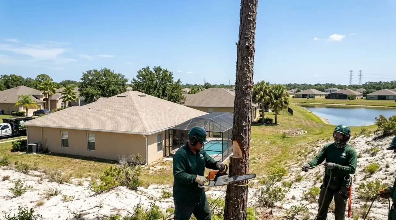 South Clermont pine tree removal behind a stucco home in a US-27 subdivision with sandy soil and rolling hills
