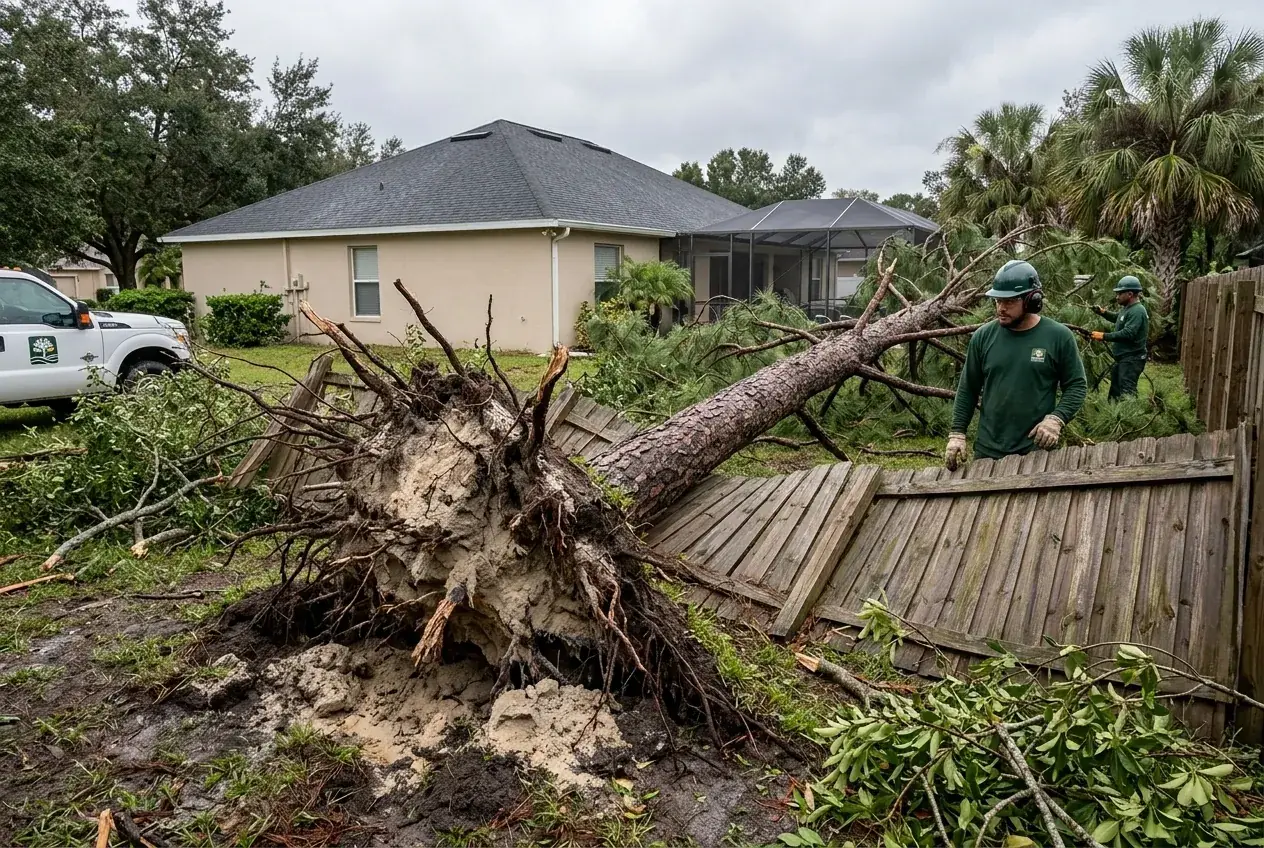 Storm damage in Clermont, FL, a pine uprooted from wet sandy soil and resting across a backyard fence