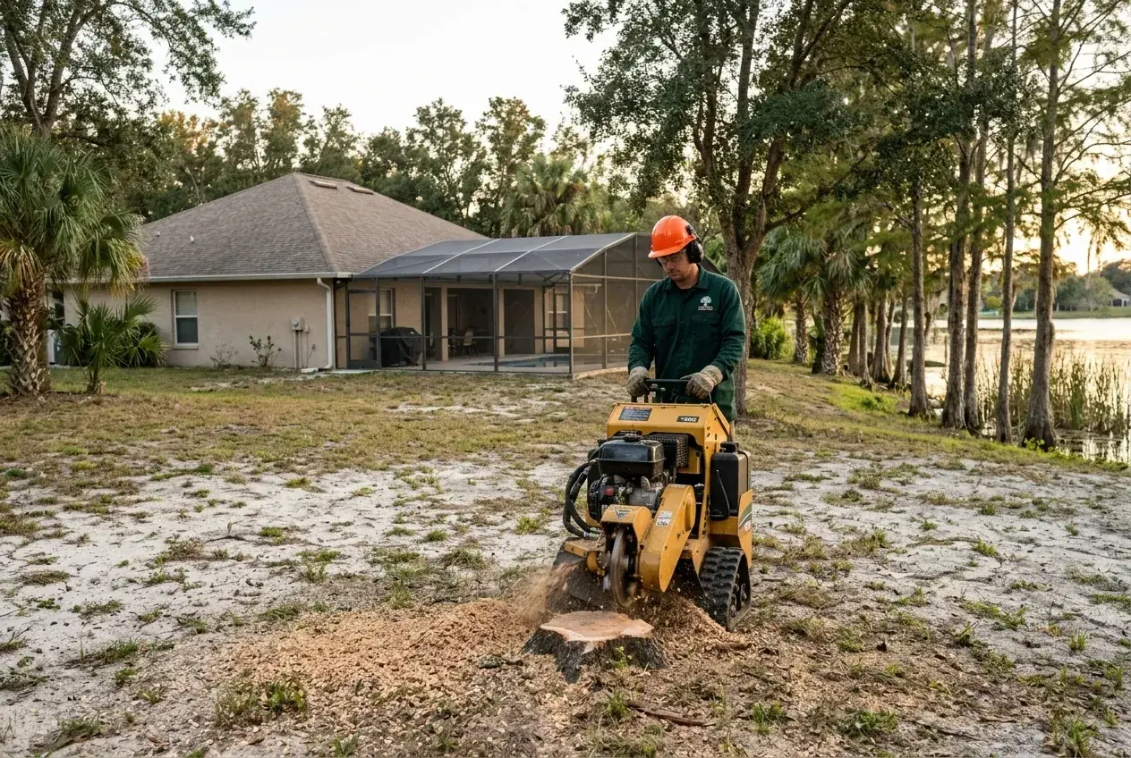 Stump grinding in Winter Garden behind a home near the Lake Apopka shoreline