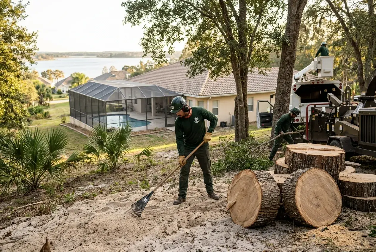 Tree removal in Clermont, FL on a sloped backyard, with cut oak trunk sections stacked for haul-off