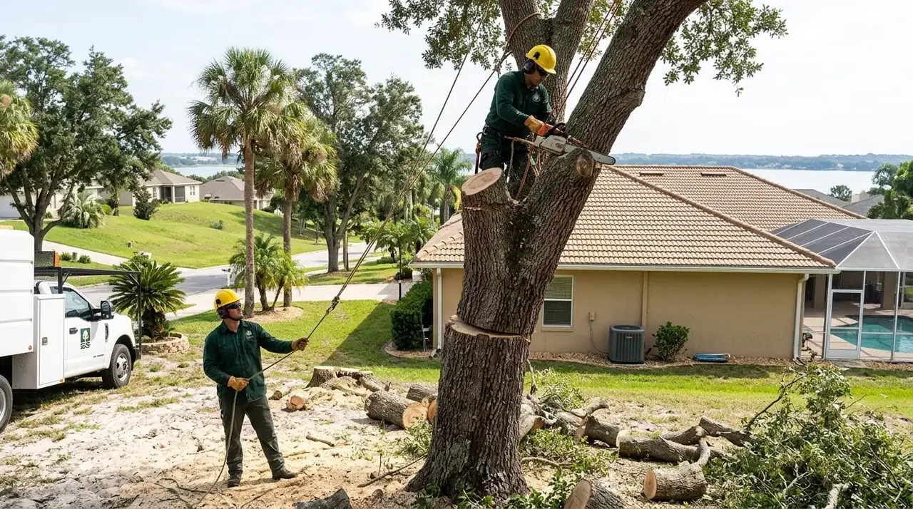 Tree removal cost in Clermont, FL depends on size and access, shown by a crew sectioning a large oak beside a stucco home