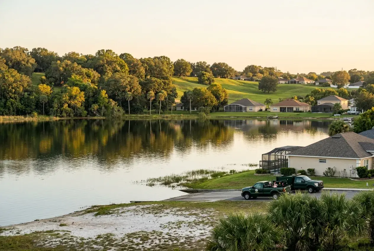 View over Lake Minneola and the tree canopy of downtown Clermont, FL at golden hour